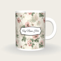 Faded Floral Chintz Curtain Parlour Cream Faded Rose Willow Name Mug, front with the name label