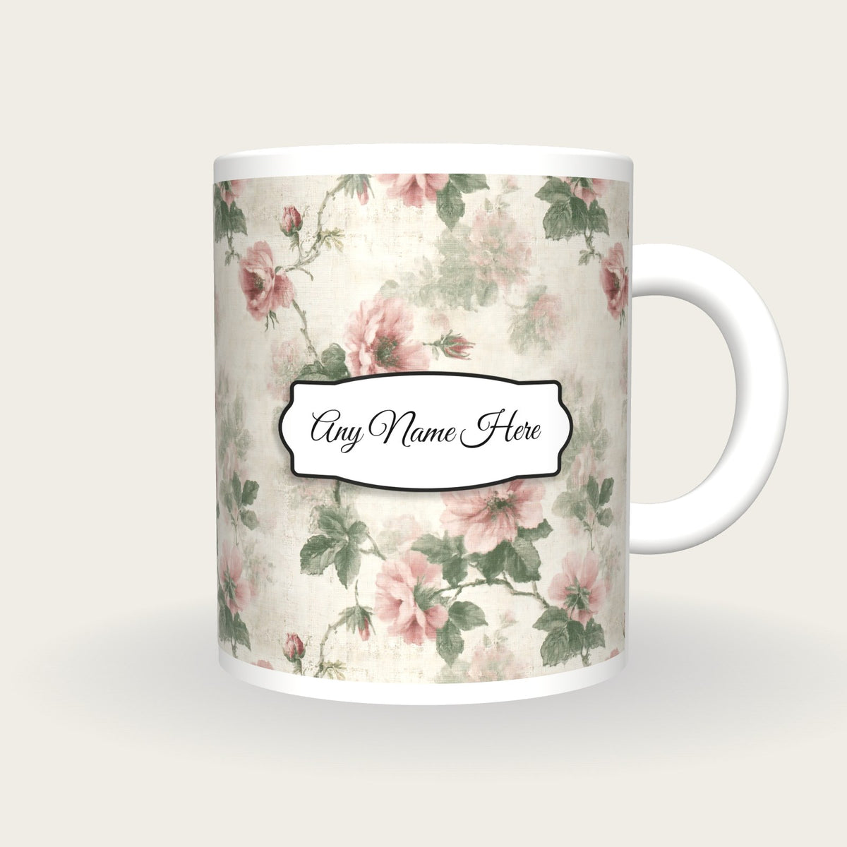 Faded Floral Chintz Curtain Parlour Cream Faded Rose Willow Name Mug, front with the name label