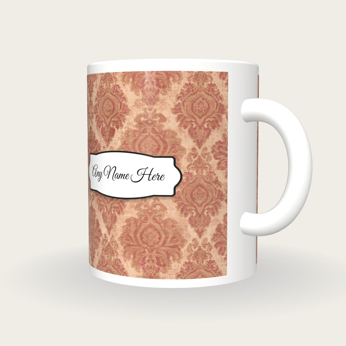Vintage Brocade Small Motif Brocade Cream Rose Gilt Name Mug 2, three-quarter view
