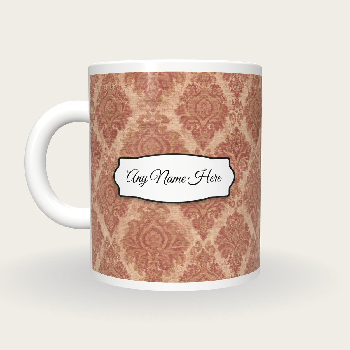 Vintage Brocade Small Motif Brocade Cream Rose Gilt Name Mug 2, back with the second name label