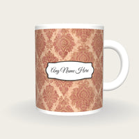 Vintage Brocade Small Motif Brocade Cream Rose Gilt Name Mug 2, front with the name label