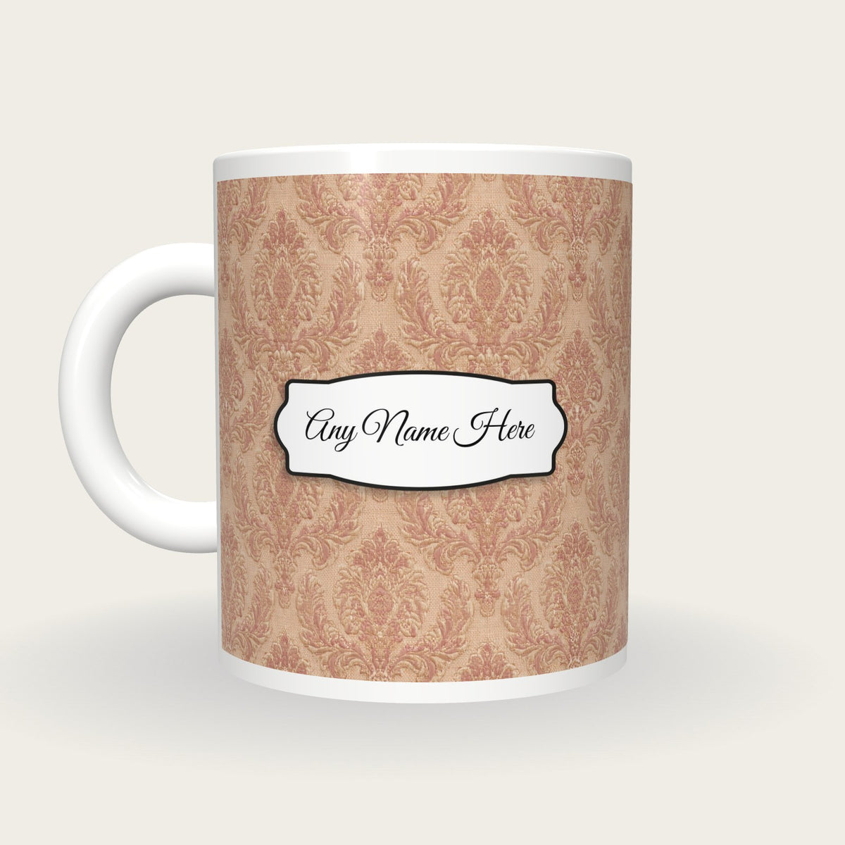 Vintage Brocade Small Motif Brocade Cream Rose Gilt Name Mug, back with the second name label