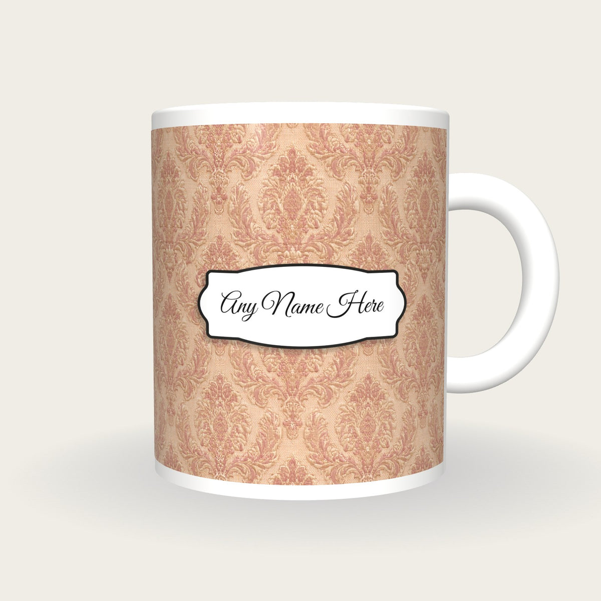 Vintage Brocade Small Motif Brocade Cream Rose Gilt Name Mug, front with the name label