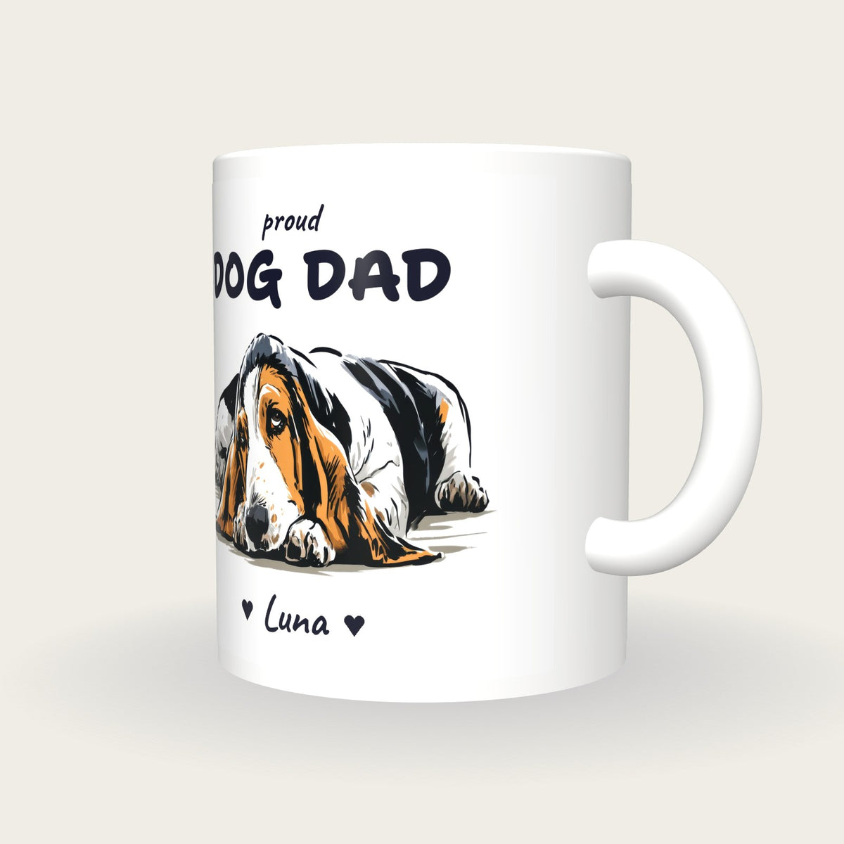 Personalised Basset Hound Dog Dad Mug, three-quarter view