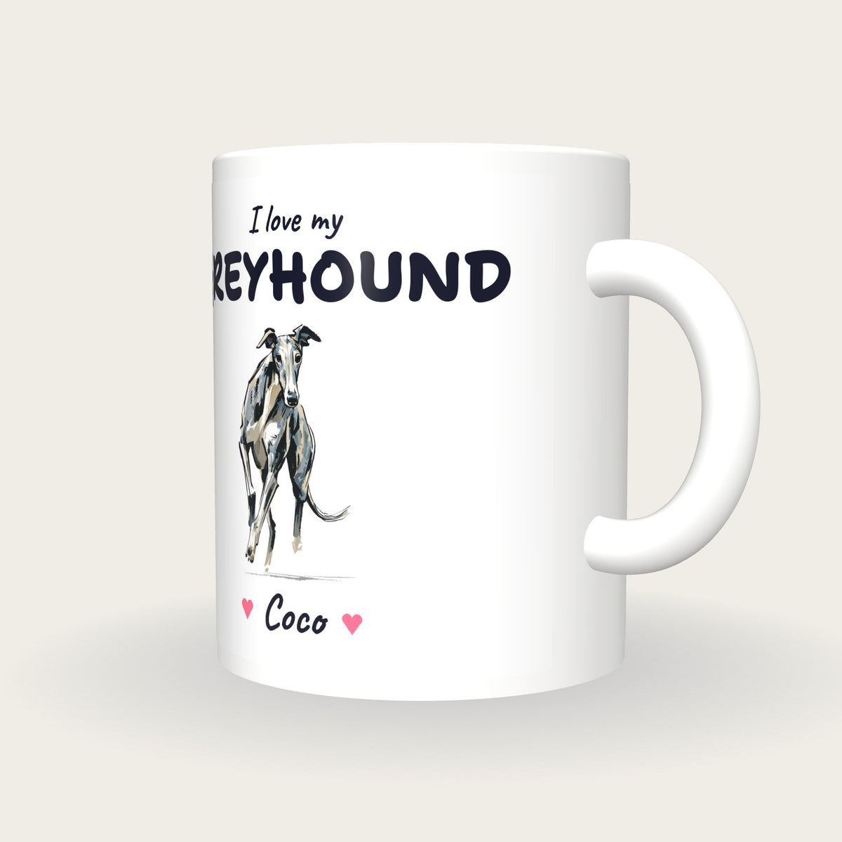 Personalised I Love My Greyhound Mug, three-quarter view