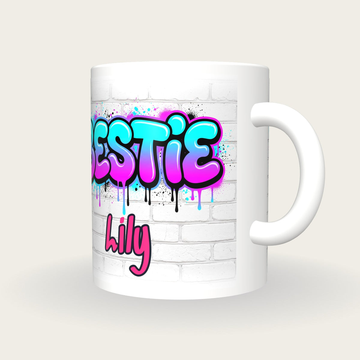 Personalised Bestie Graffiti Mug, three-quarter view