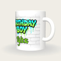 Personalised Birthday Boy Graffiti Mug, three-quarter view