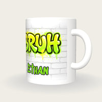 Personalised Bruh Graffiti Mug, three-quarter view