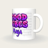 Personalised Good Vibes Graffiti Mug, three-quarter view