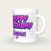 Personalised Happy Birthday Graffiti Mug, three-quarter view