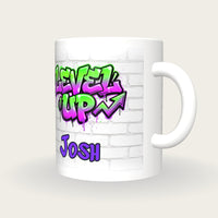 Personalised Level Up Graffiti Mug, three-quarter view