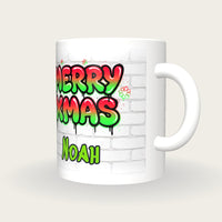 Personalised Merry Xmas Graffiti Mug, three-quarter view