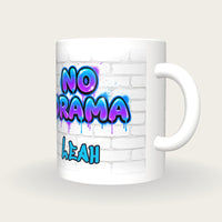 Personalised No Drama Graffiti Mug, three-quarter view