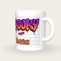 Personalised Spooky Graffiti Mug, three-quarter view