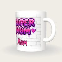 Personalised Super Mum Graffiti Mug, three-quarter view