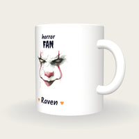 Personalised Creepy Clown Mug, Horror Fan, three-quarter view