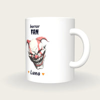 Personalised Evil Clown Mug, Horror Fan, three-quarter view