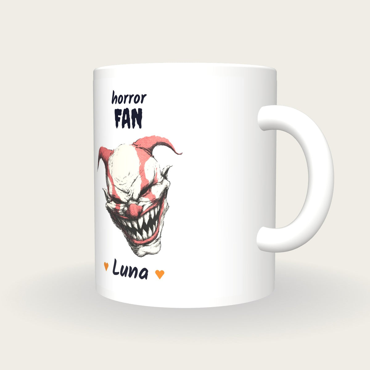 Personalised Evil Clown Mug, Horror Fan, three-quarter view