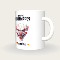 Personalised Evil Clown Mug, Sweet Nightmares, three-quarter view