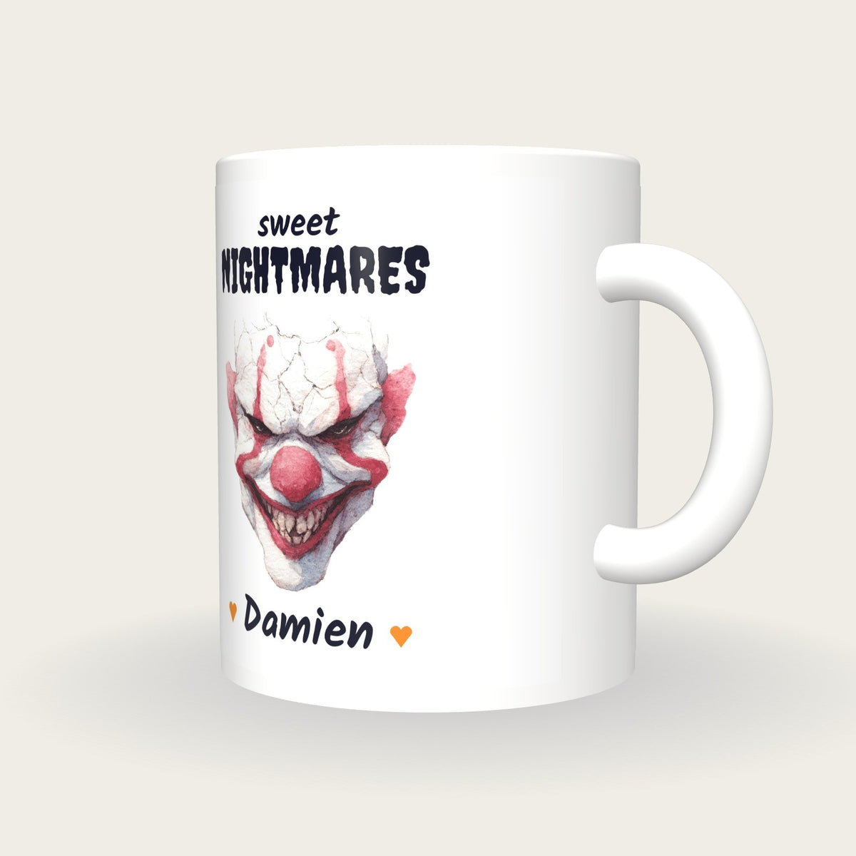 Personalised Evil Clown Mug, Sweet Nightmares, three-quarter view