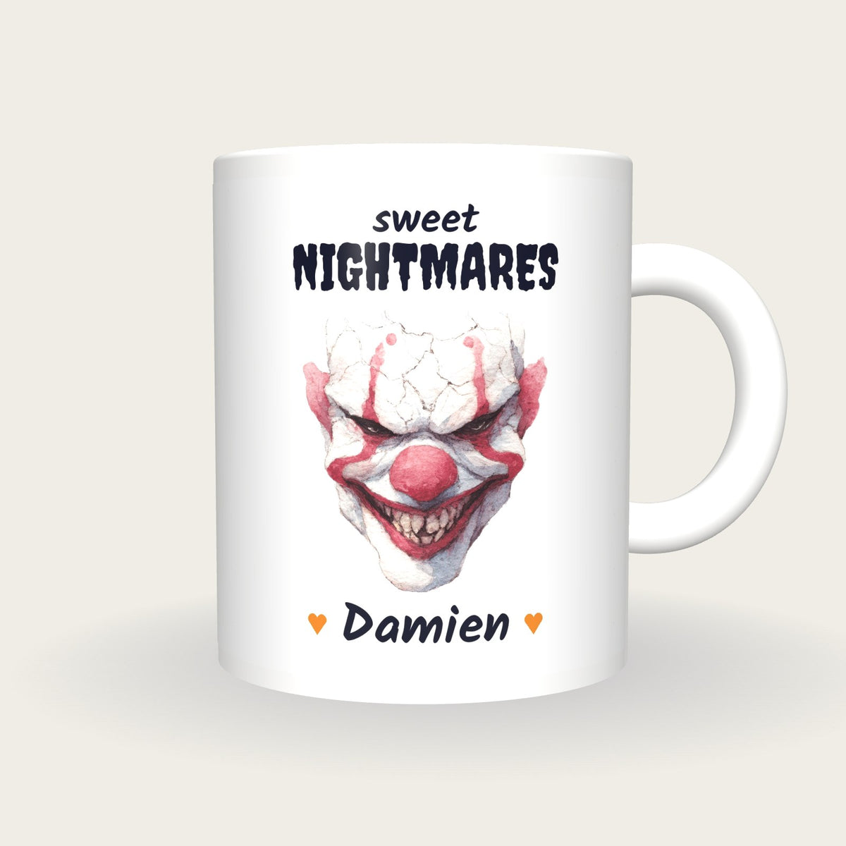 Personalised Evil Clown Mug, Sweet Nightmares, front