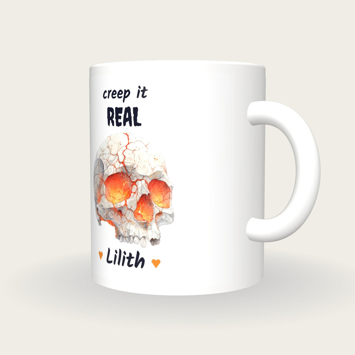 Personalised Glowing Skull Mug, Creep It Real, three-quarter view