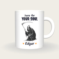 Personalised Grim Reaper Mug, Here For Your Soul, front