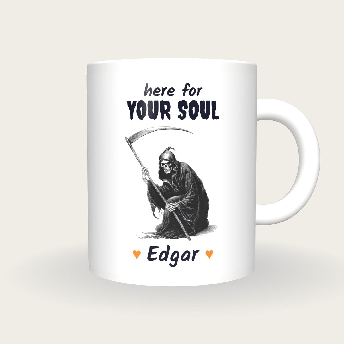 Personalised Grim Reaper Mug, Here For Your Soul, front