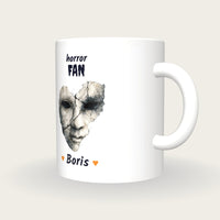 Personalised Haunted Mask Mug, Horror Fan, three-quarter view