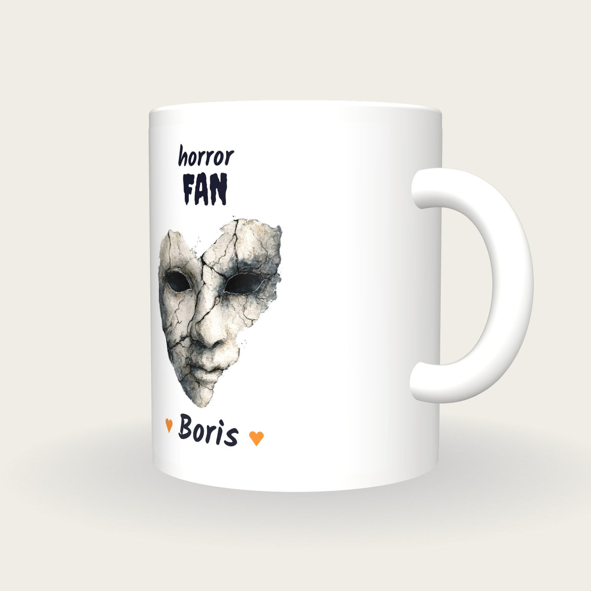 Personalised Haunted Mask Mug, Horror Fan, three-quarter view