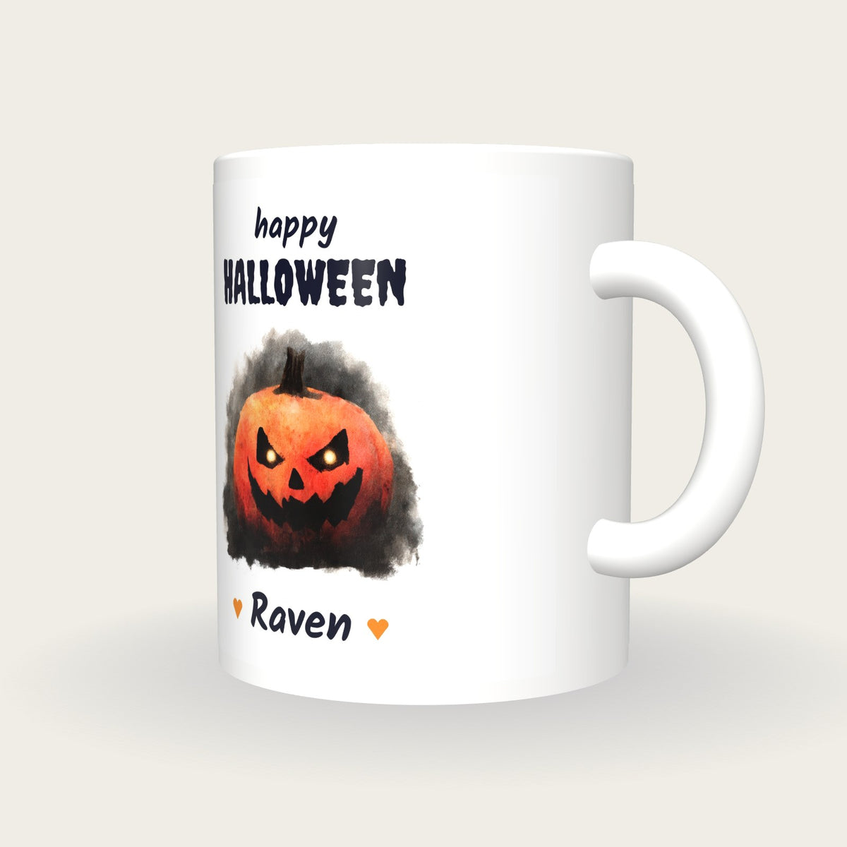 Personalised Jack O Lantern Mug, Happy Halloween, three-quarter view