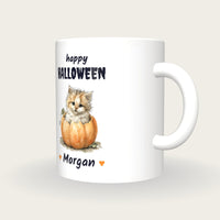 Personalised Kitten In A Pumpkin Mug, Happy Halloween, three-quarter view