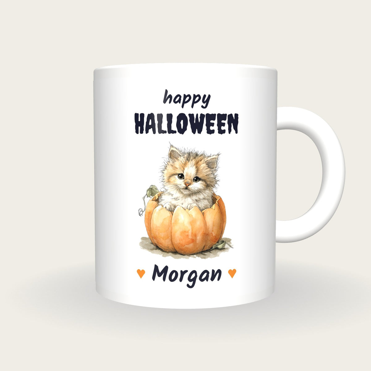 Personalised Kitten In A Pumpkin Mug, Happy Halloween, front