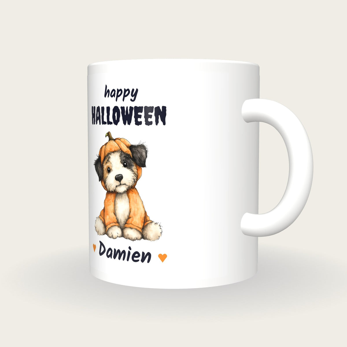 Personalised Puppy In A Pumpkin Mug, Happy Halloween, three-quarter view