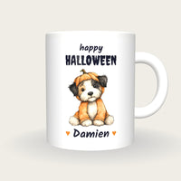 Personalised Puppy In A Pumpkin Mug, Happy Halloween, front