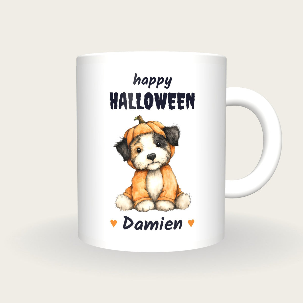 Personalised Puppy In A Pumpkin Mug, Happy Halloween, front
