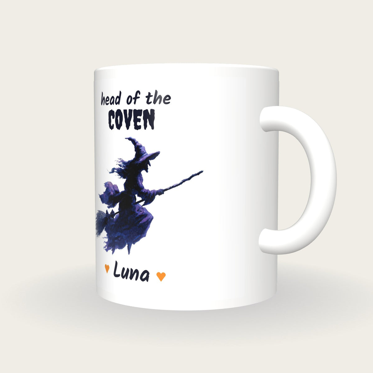 Personalised Purple Witch Mug, Head Of The Coven, three-quarter view