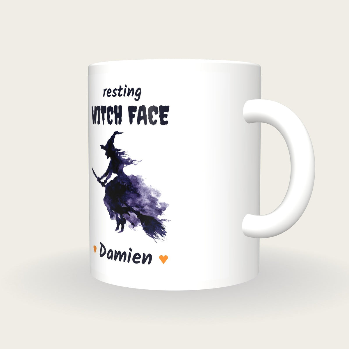Personalised Purple Witch Mug, Resting Witch Face, three-quarter view