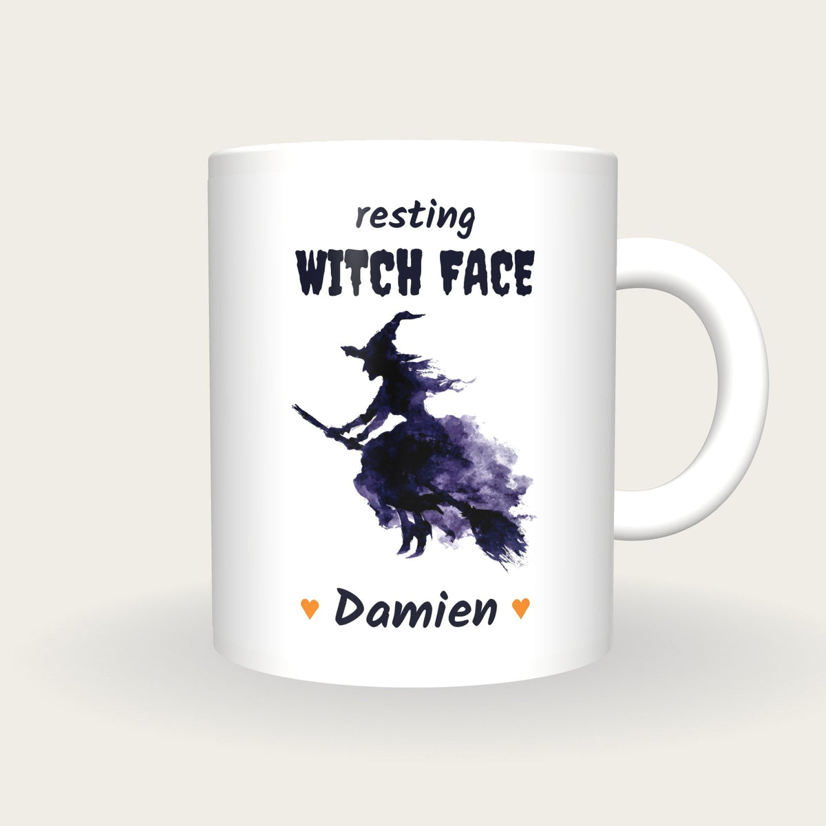 Personalised Purple Witch Mug, Resting Witch Face, front