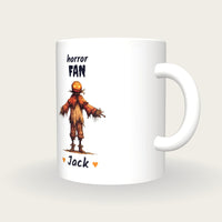 Personalised Scarecrow Mug, Horror Fan, three-quarter view