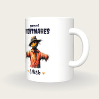 Personalised Scarecrow Mug, Sweet Nightmares, three-quarter view