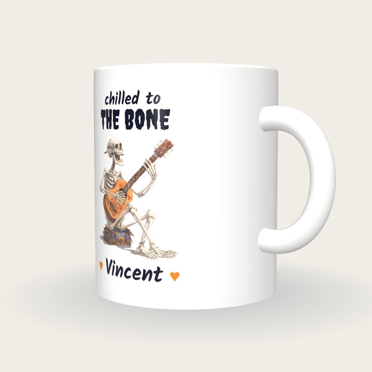 Personalised Skeleton Guitarist Mug, Chilled To The Bone, three-quarter view