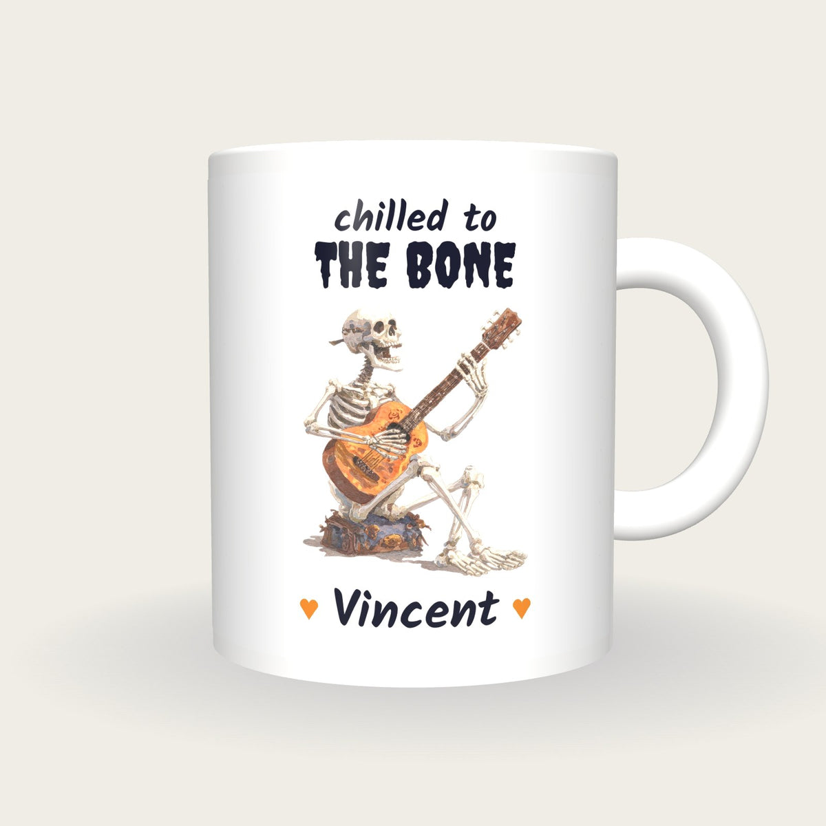 Personalised Skeleton Guitarist Mug, Chilled To The Bone, front
