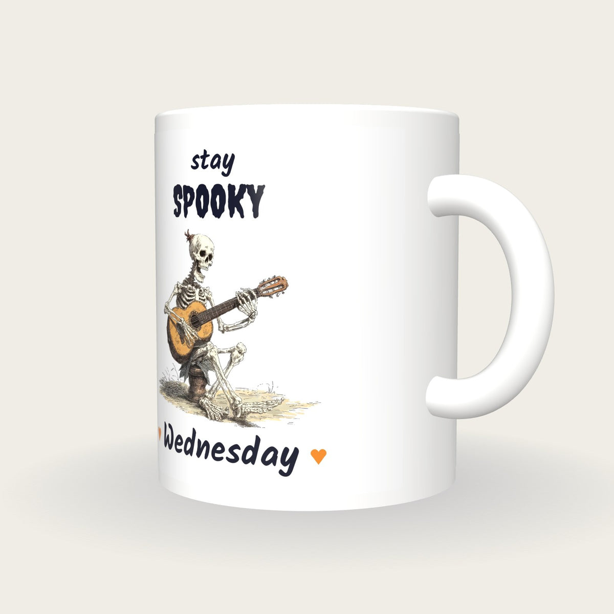 Personalised Skeleton Guitarist Mug, Stay Spooky, three-quarter view