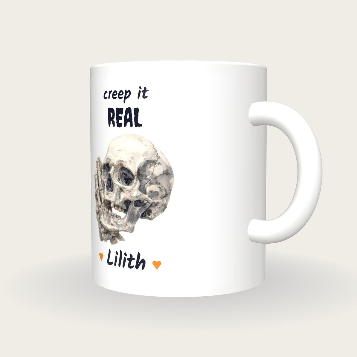 Personalised Skull Hand Mug, Creep It Real, three-quarter view