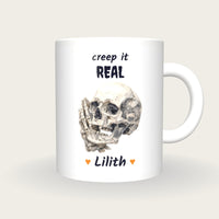 Personalised Skull Hand Mug, Creep It Real, front