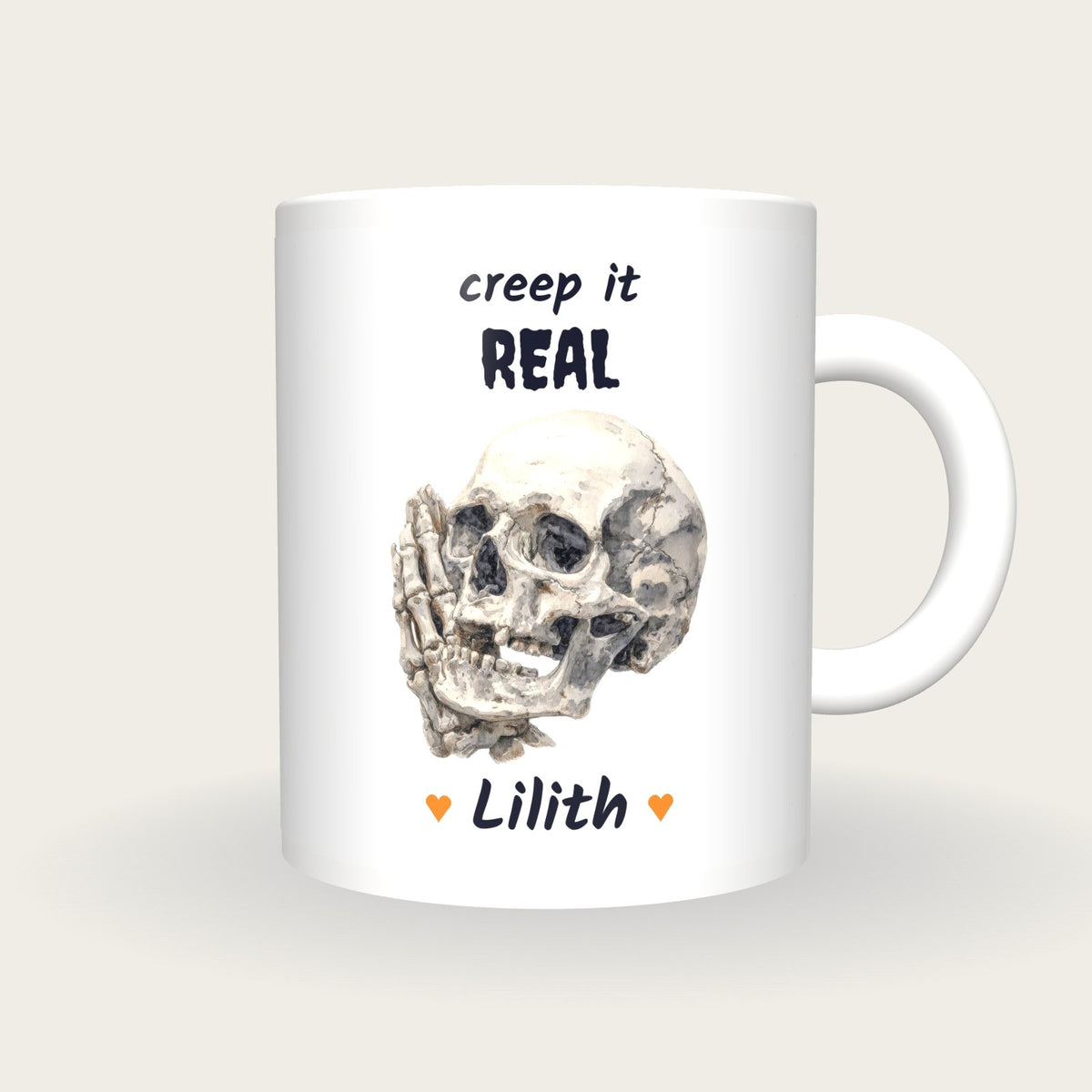 Personalised Skull Hand Mug, Creep It Real, front
