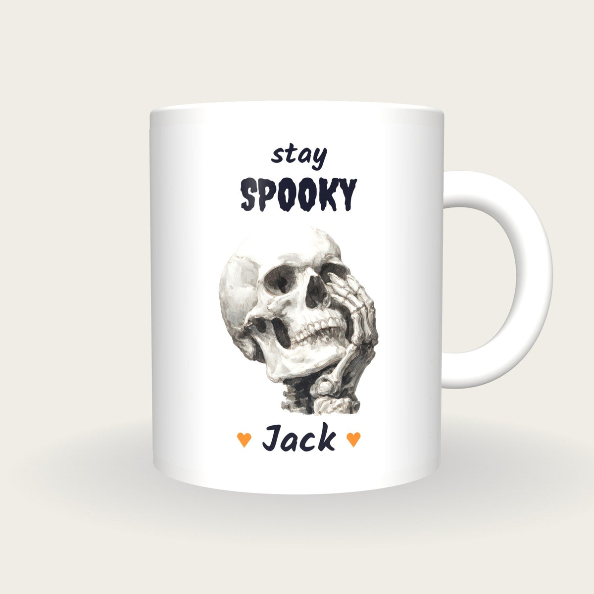 Personalised Skull Hand Mug, Stay Spooky, front