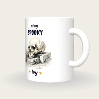 Personalised Skull Tombstone Mug, Stay Spooky, three-quarter view