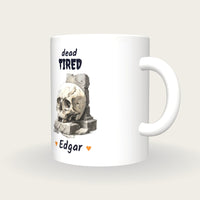 Personalised Skull Tombstone Mug, Dead Tired, three-quarter view